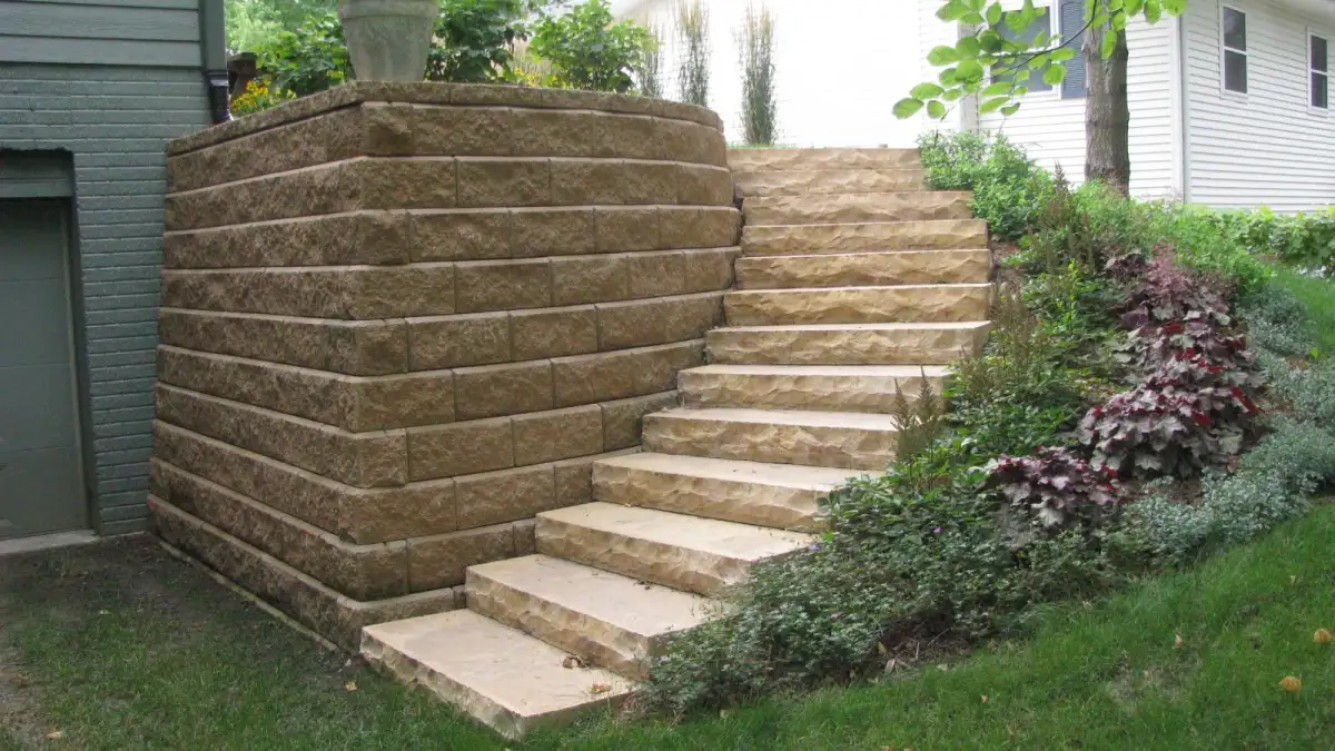 Tall curved block retaining wall with built-in stairs and plantings